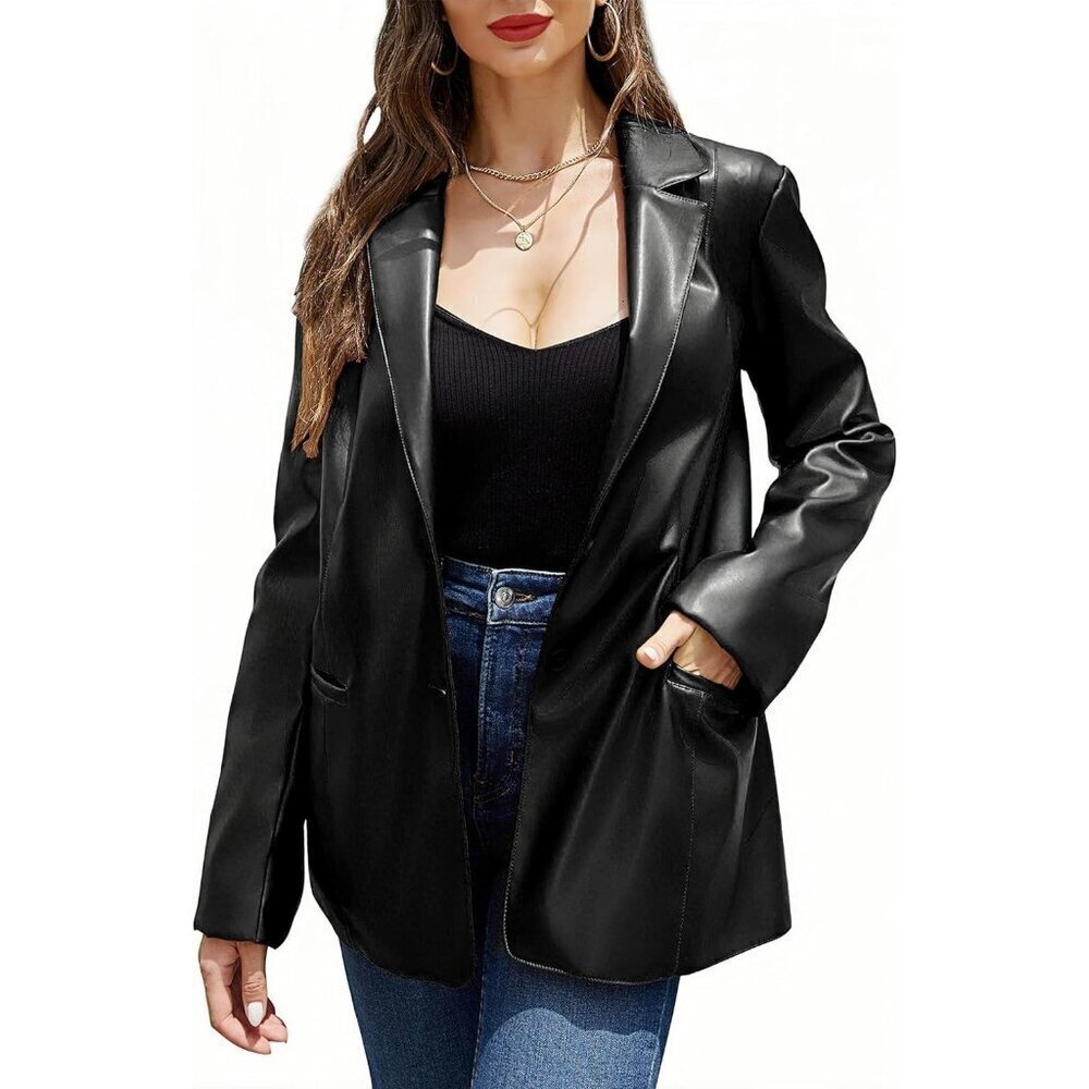 RISISSIDA Women’s Faux Leather Blazer Shacket Vegan Leather Button Down Jacket